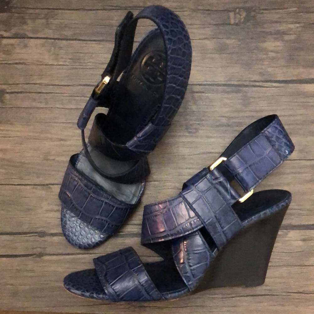 Tory Burch Navy Croc Wedges size 8M